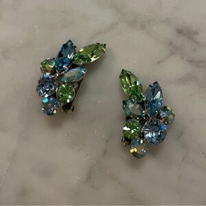 Excellent Vintage Blue & Green Rhinestone Clip-On Earrings